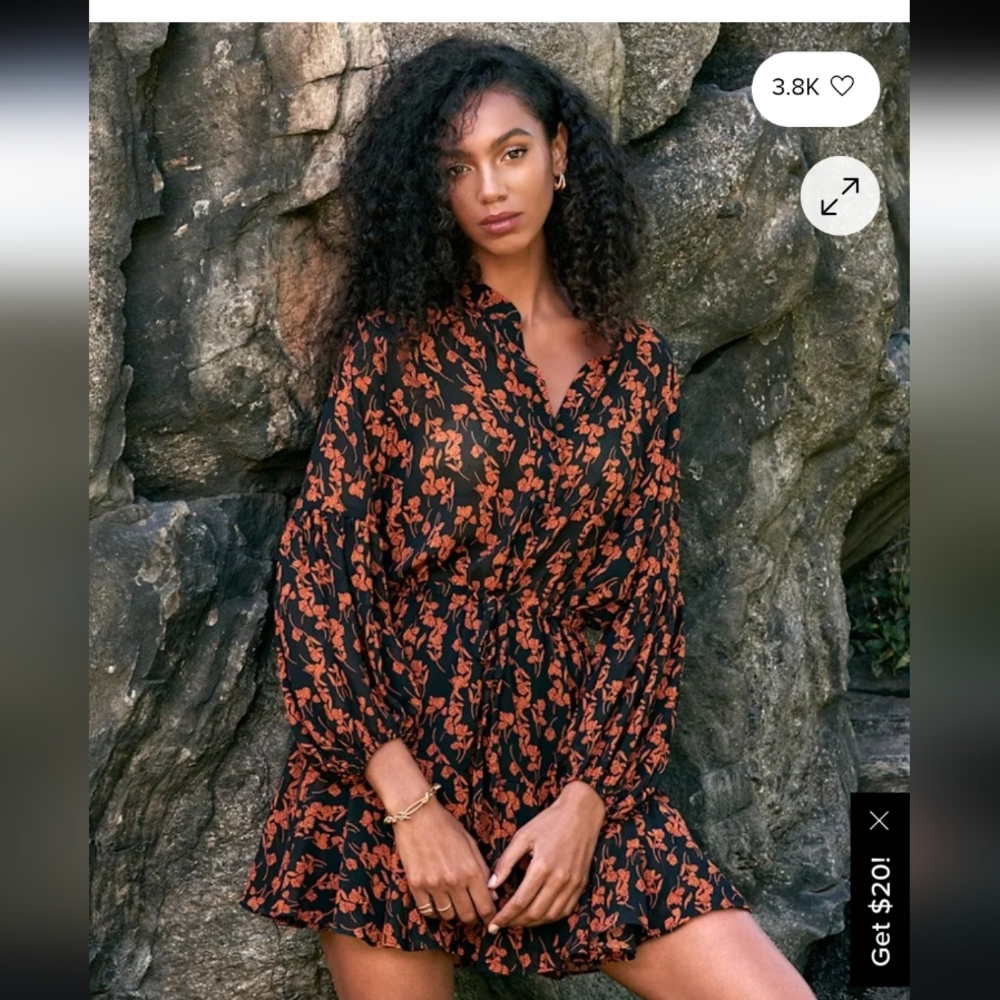 Lulus Black Floral Long Sleeve Mini Dress Boho Romantic Women’s